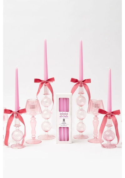 Pembe Pastel Renk Konik Şamdan Mum - 4'lü Set Pembe