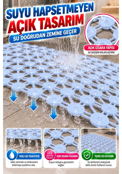 Crystal Kaymaz Vantuzlu Banyo Paspası Mavi 68x35 Cm Islak Zemin Kaydırmaz Küvet Duşakabin Pvc Matı