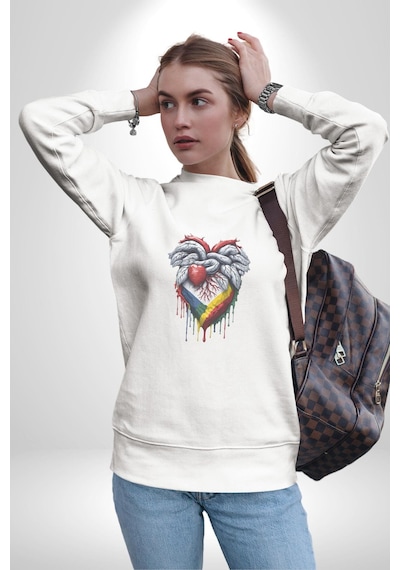 Kalp Damar Renkli Boyalı Unisex Beyaz Baskılı Sweatshirt Beyaz