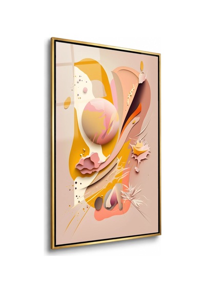 Pudra Yapraklar Ve Pastel Küreler Gold Çerçeveli Cam Tablo