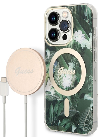 Apple Uyumlu iPhone 14 Pro Kılıf Guess Magsafe Şarj Özellikli Yaprak Desenli Kablolu Kapak