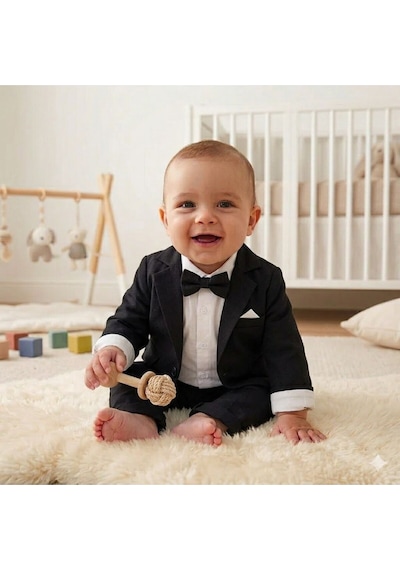 Baby Kids Colors Flamlı Keten Salaş Ceketli Takım Elbise/gömlek Pantolon Ceket Papyon Ay Grubu Zıbınlı Siyah