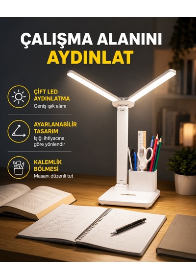 Kısılabilir Led Masa Lambası Kalemlik Ve Telefon Standlı, Göz Yormayan Işık Yeni Nesil Çr