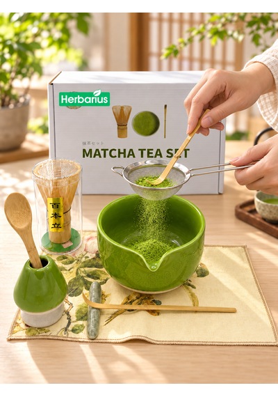Herbarius 8 Parça Çiçek Desenli Balık Sırtı Kabartmalı Fıstık Yeşili Renk Matcha Çayı Hazırlama Seti - Geleneksel Japon Matcha Seti