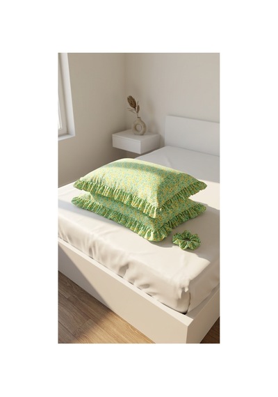 %100 Pamuklu Çiçek Desenli Fırfırlı Yastık Kılıfı 2 Adet 50x70 Cm Yeşil - 863744406 Yeşil