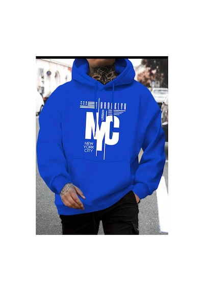 Medinenur Nyc Baskılı Kapüşonlu Cepli Sweatshirt Mavi