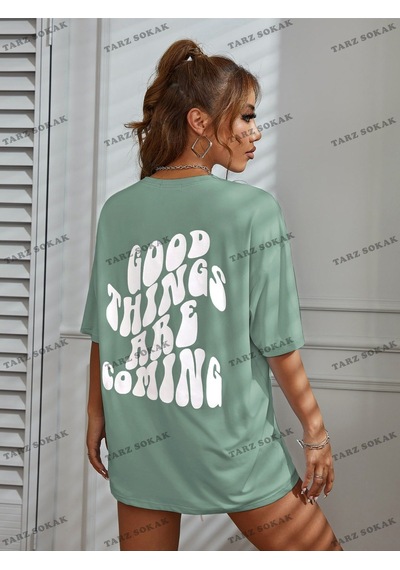 Flood Of Style Unisex Bay Slogan Grafikli Düşük Omuzlu Tişört Kod-1400 Nane Yeşili