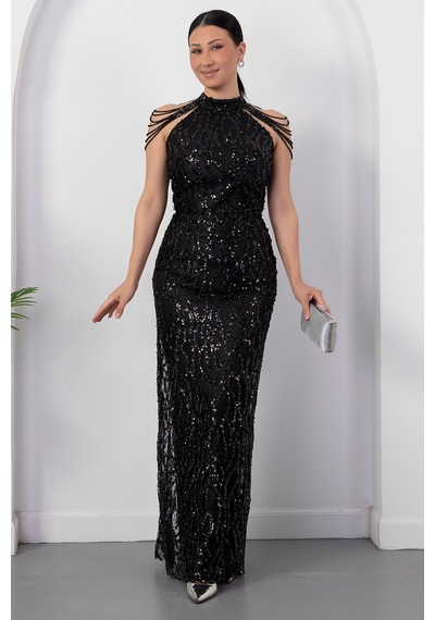 Kalopya Halter Yaka Boncuklu Tül Elbise Dns2227 Siyah
