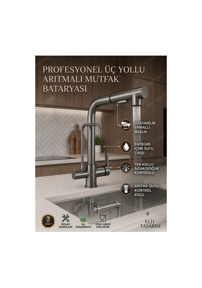 Rena Design Antrasit Aritmali Spiralli 2 Modlu Başlik L Boru Mutfak Evye Bataryasi Prinç Armatür Musluk