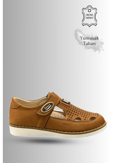 Sermoda Çocuk Sandalet - Cırtlı Süet Yumuşak Taban Erkek Çocuk Sandalet Taba
