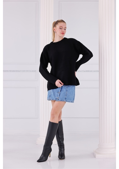 Qscob Bisiklet Yaka Oversize Basic Triko Kazak Siyah