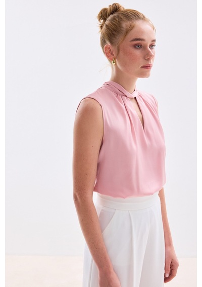 Sateen Yaka Detaylı Saten Bluz - Pembe-136681 Pembe