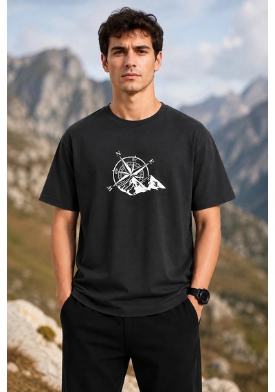Tarzyeri Erkek Outdoor Pusula Dağ Baskılı Kısa Kollu Oversize T-shirt - Siyah