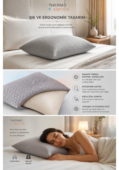 Sleep Home Thermo Switch Visco Yastık 40 X 60 Cm Açık Gri