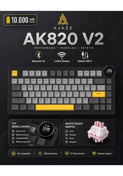 Ak820 V2 Ekranlı, Kablosuz Mekanik Oyun Klavyesi-10.000 Mah Batarya