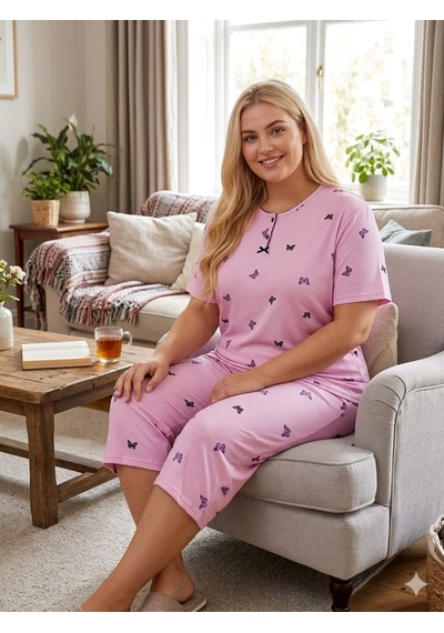 Büyük Beden Kısa Kol Kapri Yumuşak Tuşeli Likralı Örme Pijama Takımı 8649 Lila