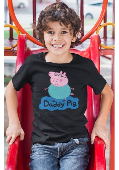 Sevbano Baba Pig Peppa Pig Baskılı Unisex Çizgi Film Çocuk Tişört 1-12 Y Siyah