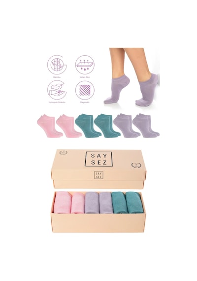 Saysez Bambu Kadın Patik Düz Pembe-lila-su Yeşili Çorap Dikişsiz Premium Kutulu 6'lı Paket Renkli