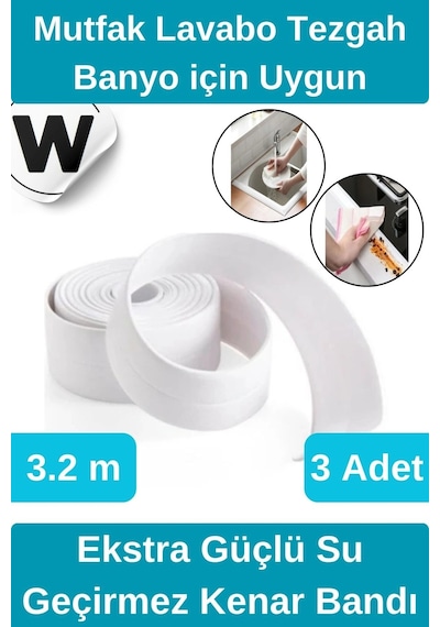 Premium Su Geçirmez Sızdırmaz Küf Yalıtım Banyo Mutfak Lavabo Beyaz Kenar Şerit Bant 3.2m 3 Adet