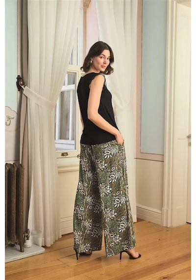 Ang Butik Kadın Çiçek Yaprak Ve Etnik Desenli Dantelli 3'lü Pijama Takımı Siyah