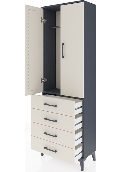 Arges Dolap Tek Raflı 4 Çekmeceli Tek Askılı 60x30x182 Antras... Antrasit