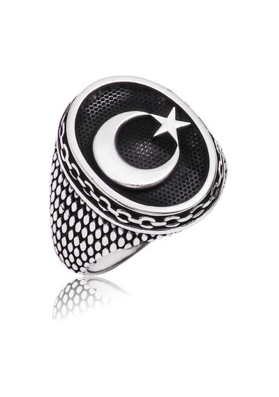 Gümüş Ay Yıldız Erkek Yüzük Çok Renkli Çok Renkli