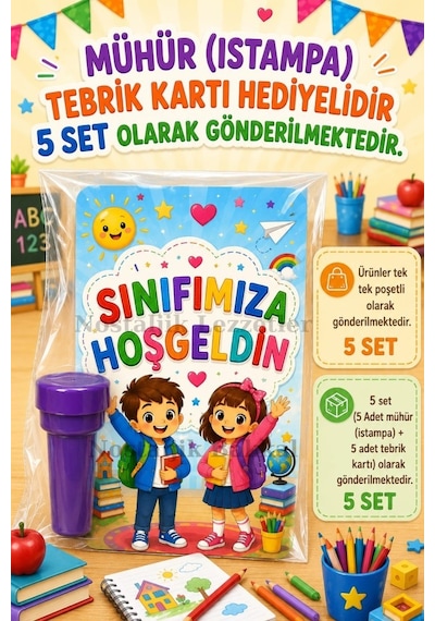 Okula Yeni Başlayan Öğrencilere 5 Adet Hediye Seti Mühür Istampa Tebrik Kartı Hediyeli