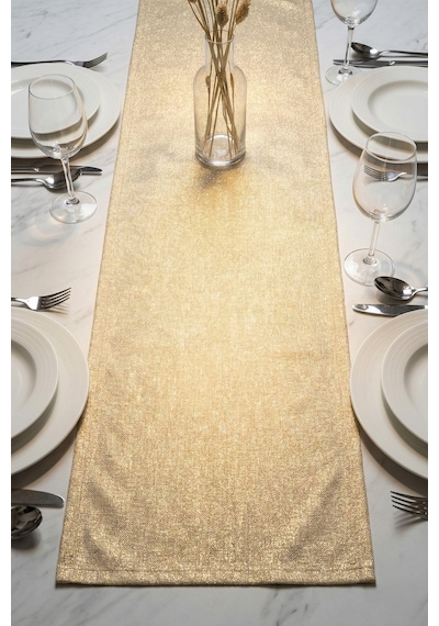 Lumen Serisi Simli Runner Gold / Silver , Premium Çeyizlik Lüks Şık Masa Örtüsü Runner 40x150 Cm Altın