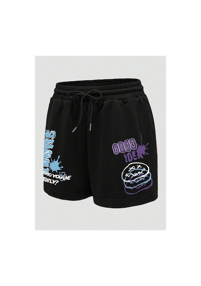 Tarzsokak Letter Graphic Drawstring Waist Şort Siyah