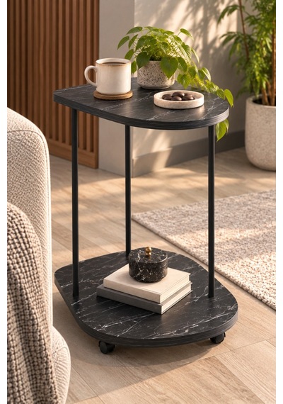 Sulorahome Tekerlekli Oval Servis Sehpası Siyah Mermer Desenli