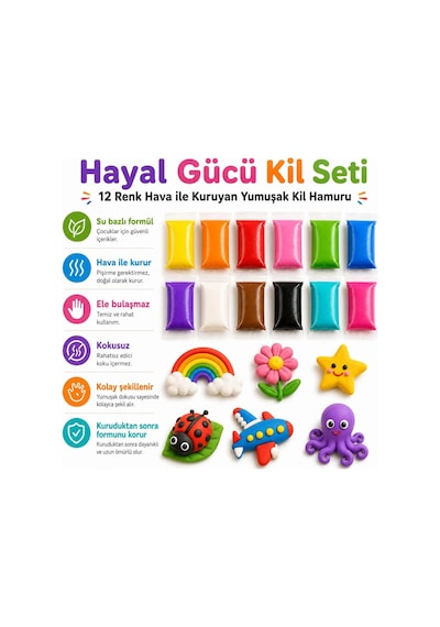 Hayal Gücü Kil Seti - 12 Renkli Hava İle Kuruyan Zıplayan Kil Hamuru, Yumuşak Ve Kolay Şekillen Standart