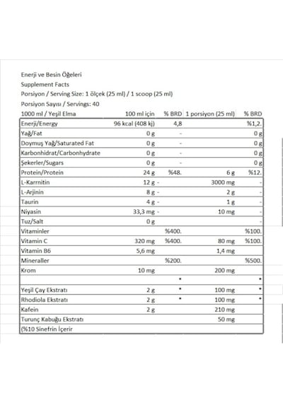 L-carnitine - 1 Lt - Yeşil Elma Aromalı - 3000mg