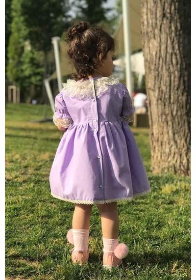 Dantel Yaka Kurdele Detaylı Özel Tasarım Lila Kız Çocuk Bebek Elbise 001