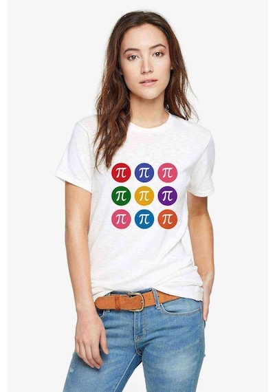 Pi Renkli Logo Baskılı Beyaz Kadın Tshirt