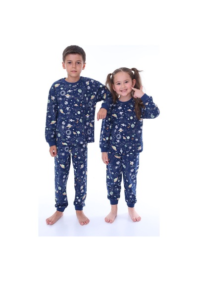 Zuzunga Astronot Temalı Pamuk Unisex Çocuk Pijama Takımı Lacivert2 Lacivert