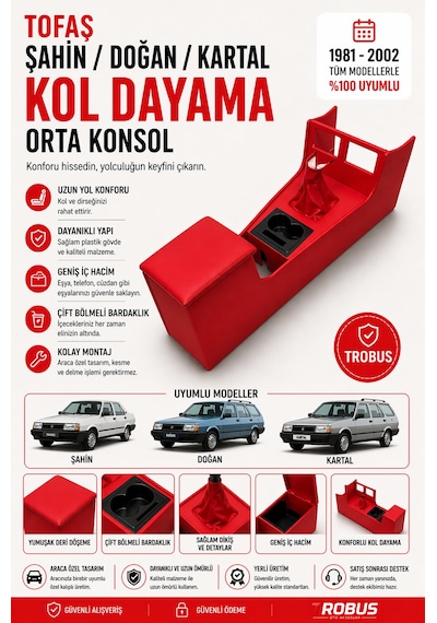 Trobus Tofaş Kartal Kargo 1998-2002 Tam Boy Orta Konsol Kol Dayama Bardaklıklı Deri Kırmızı