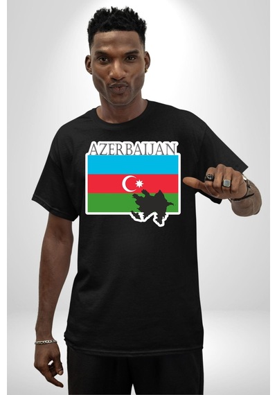Azerbeycan Bayrak Ülke Pamuklu Bisiklet Yaka Unisex Oversize Boyfriend Dijital Baskılı Siyah T-shirt Siyah