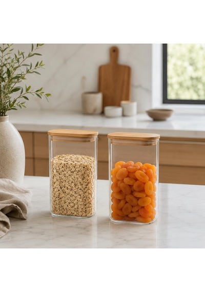 Bambu Kapaklı Dikdörtgen Cam Kavanoz 2'li Set 1500 Ml, Şeffaf Erzak Saklama Kabı, Mutfak Düzenleyici Cam Kavanoz Seti, Bakliyat Makarna Kahve Pirinç Saklama Kabı Çok Renkli