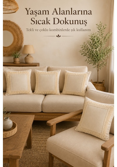 2'li Naturel Keten Püsküllü Kırlent Kılıfı Bohem Rustik Vintage Salon Dekoru Dekoratif 2 Adet Kırlen Bej