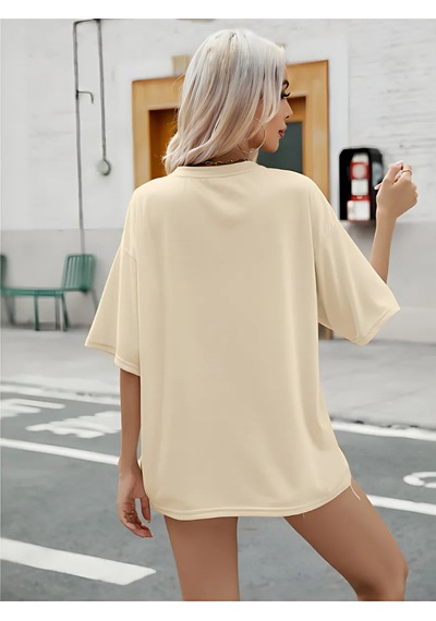 Mama Kalp T-shirt - Bej Baskılı Oversize Bisiklet Yaka Kısa Kol Tişört Bej