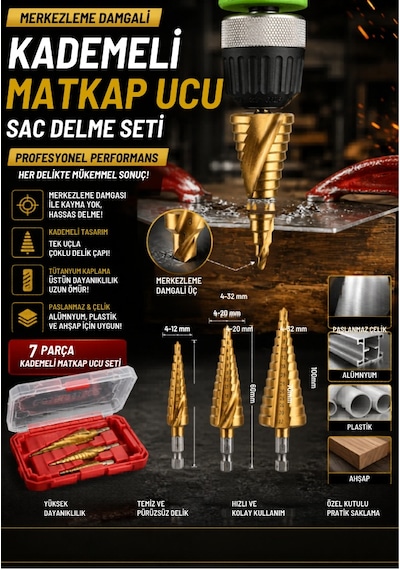 Mucit Home 7 Parça Merkezleme Damgalı Kademeli Matkap Ucu Sac Delme Seti Özel Kutulu