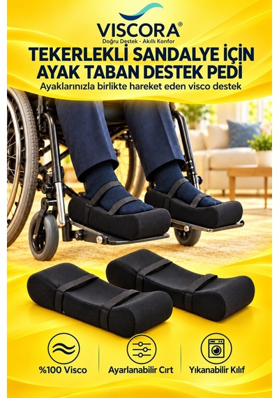 Tekerlekli Sandalye İçin Visco Ayak Taban Destek Pedi 2 Li Ayağa Takılan, Ayarlanabilir Cırtlı Siyah