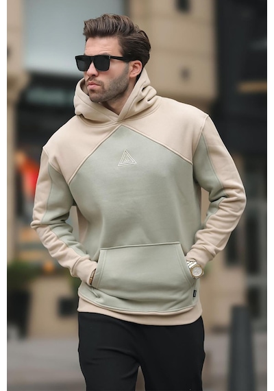 Madmext Bej Kapüşonlu Cep Detaylı Nakışlı Sweatshirt E7085 Bej