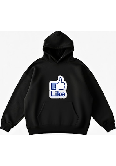 Maki Home Makiteks Siyah Pamuklu Unisex Cepli Kapüşonlu Rahat Kesim Like Baskılı Sweatshirt SiYAH