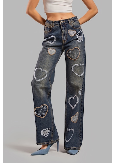 it's basic Kadın Kot Rengi Parlak Taşlı Kalp Detaylı Bol Kesim Tasarım Denim Jean Mavi