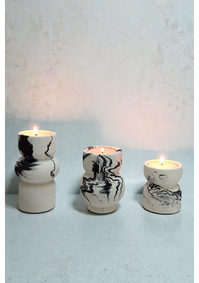 3lü Tealight Mumluk Seti - Dekoratif Beton Mumluk - Mumlar Dahildir Beyaz -  Siyah