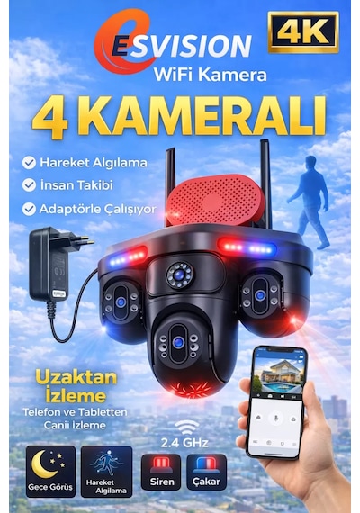 Esvision Es-705 4k 4 Lensli Akıllı Güvenlik Kamerası Hieasy Wifi Gece Görüş Sesli Kişi Takibi