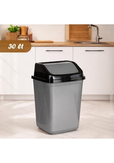 Porsima 0098 Kapaklı Gri-siyah Çöp Kutusu - Favori Banyo Ve Mutfak Çöp Kovası 30lt Diğer