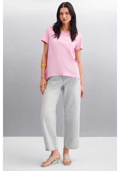 Grimelange Samantha Kadın %100 Organik Pamuklu Comfort Fit Arkası Uzun Basic Örme Pembe T-shirt