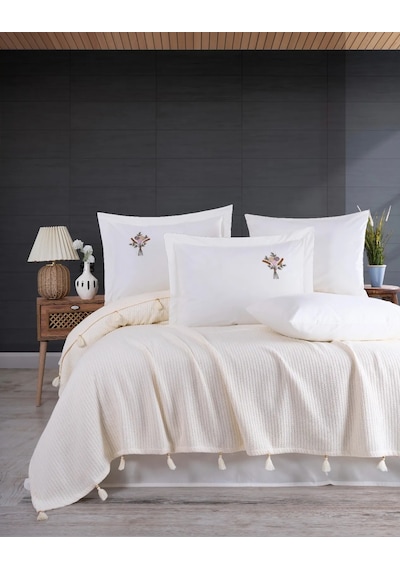 New Home Saçaklı Nakışlı Lüx Pike Takımı Çift Kişilik Krem